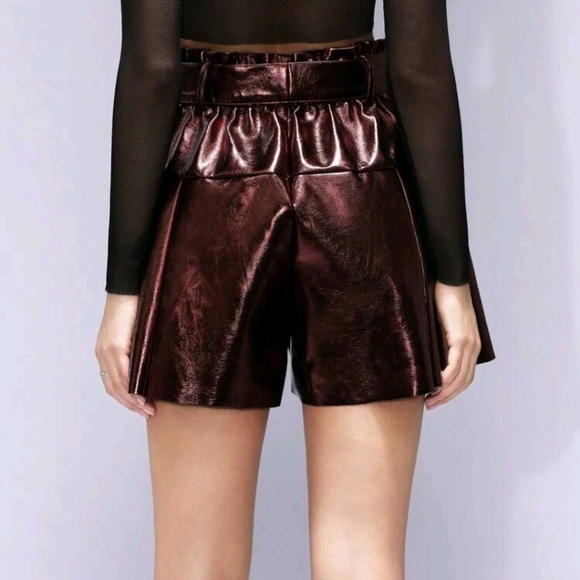 Elegant Romantic Metallic Glossy Vintage Red PU Floral Bud Mini Skirt For Women - Picture 5 of 5